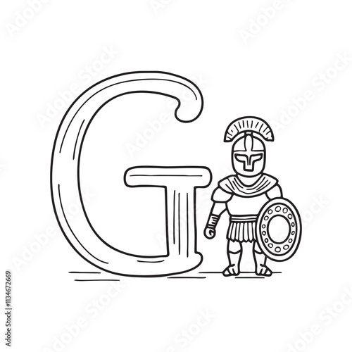 An illustration of letter G beside a gladiator