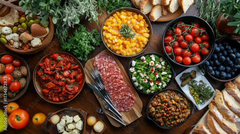 Top view of a vibrant table with assorted fruits and vegetables Top view of a vibrant table with assorted fruits and vegetables