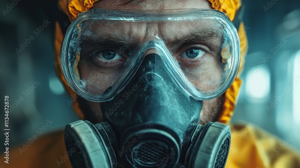 Close-up portrait of a man in a hazmat suit under glowing lighting Close-up portrait of a man in a hazmat suit under glowing lighting