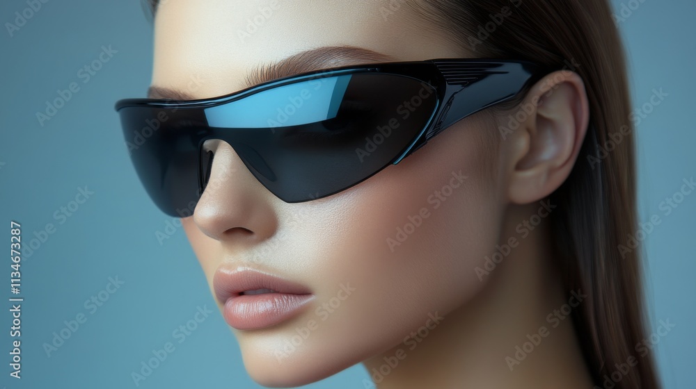 Stylish woman in oversized sunglasses with vibrant lighting Stylish woman in oversized sunglasses with vibrant lighting