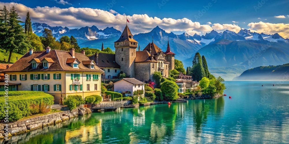 Fototapeta premium Architectural Elegance by Lake Leman: Stunning Reflections of Historic Buildings and Natural Beauty in a Serene Lakeside Landscape