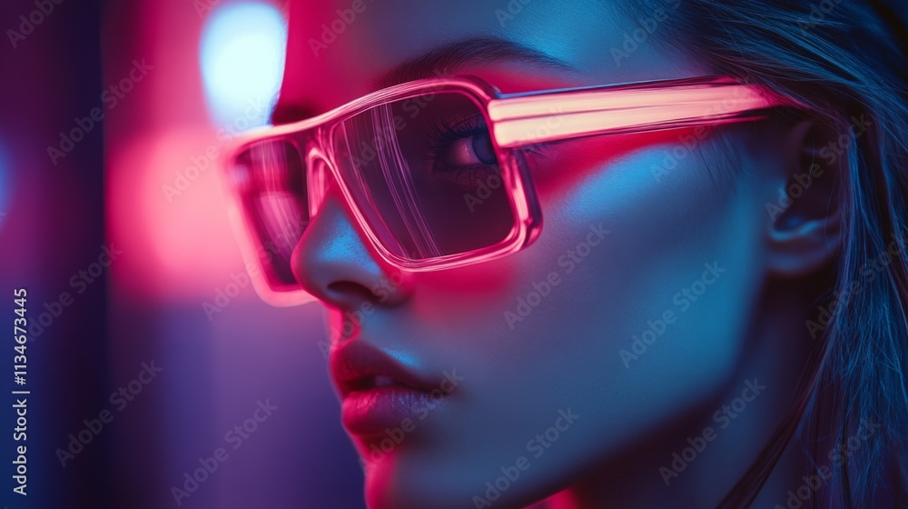 Close-up of a woman in pink futuristic sunglasses under glowing neon lighting Close-up of a woman in pink futuristic sunglasses under glowing neon lighting