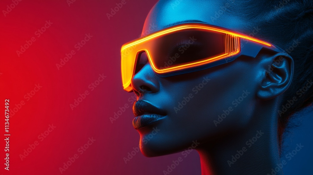 Stylish woman in yellow futuristic sunglasses under glowing red light Stylish woman in yellow futuristic sunglasses under glowing red light