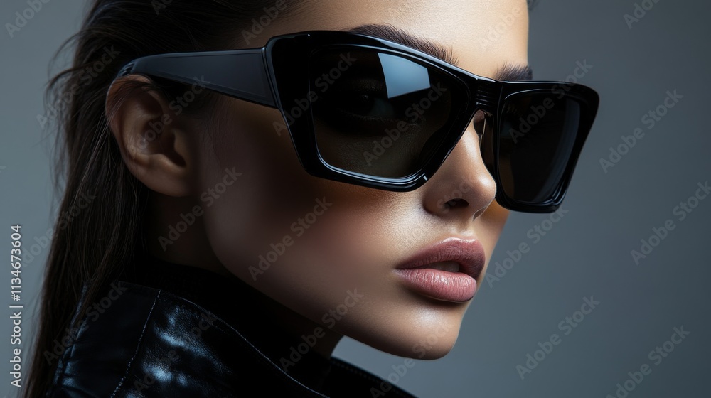 Close-up of a woman in oversized black sunglasses under glowing blue lighting Close-up of a woman in oversized black sunglasses under glowing blue lighting