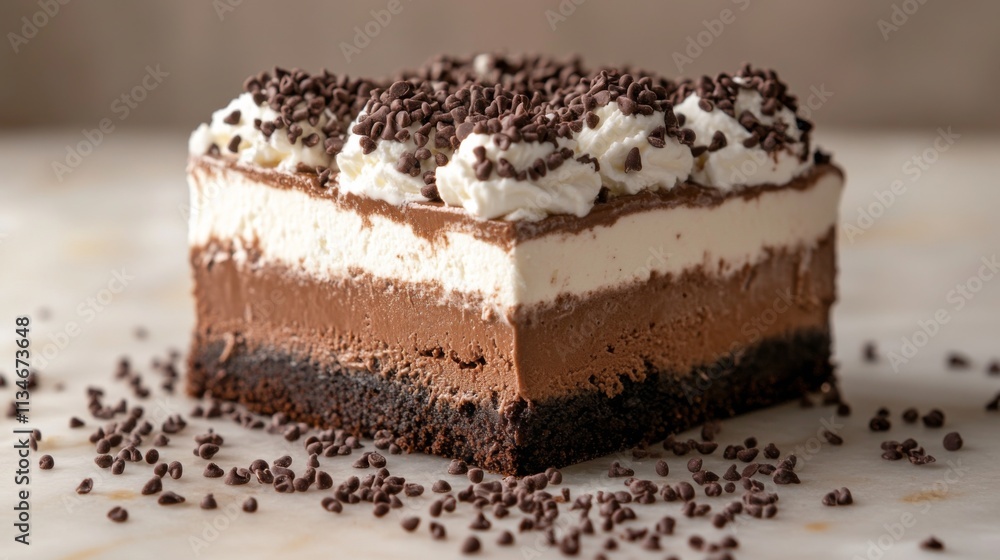 Chocolate cake with whipped cream and sprinkles on a plate Chocolate cake with whipped cream and sprinkles on a plate