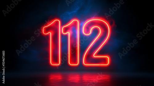 Neon Glowing Red Number 112,Emergency Number, On Dark Background With Smoke And Reflections