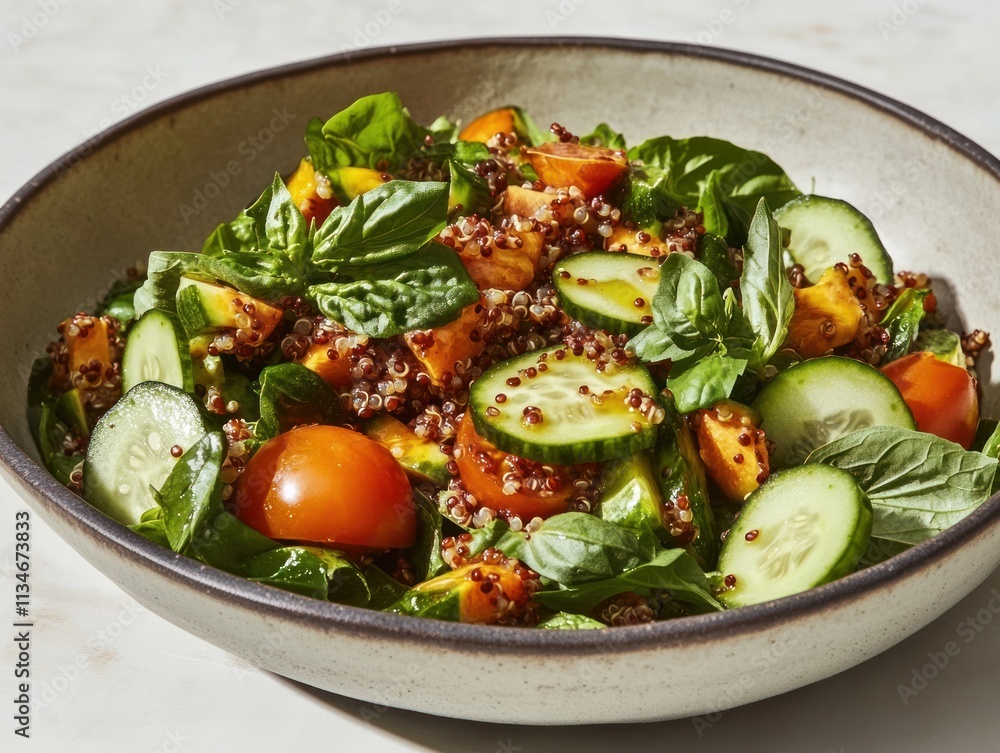 Vibrant quinoa salad with cucumber, tomatoes, and basil in a bowl. Vibrant quinoa salad with cucumber, tomatoes, and basil in a bowl.