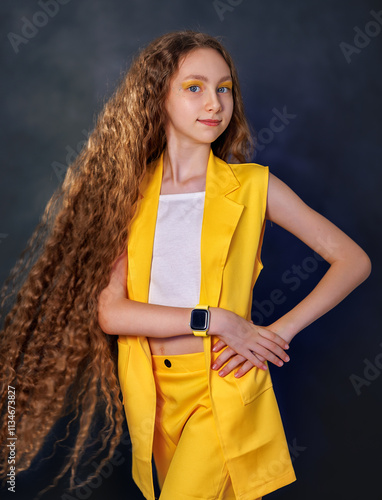 Obraz na płótnie Portrait of a emotional beautiful girl kid isolated on black background. Teen girl in studio shot. Advertising child w salonie