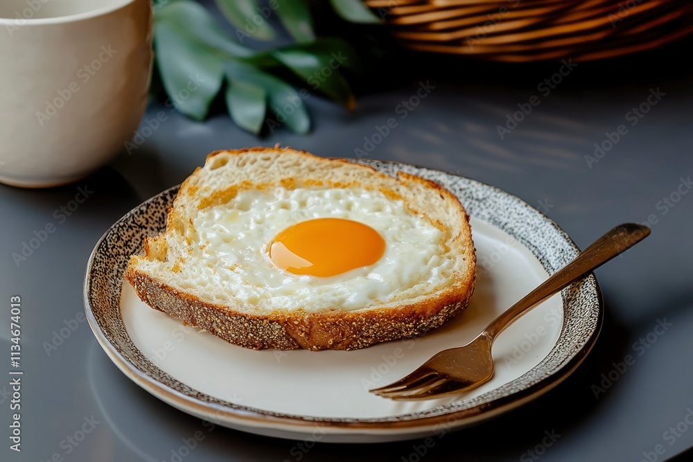 Fried egg nestled in toasted bread a delightful breakfast Fried egg nestled in toasted bread a delightful breakfast