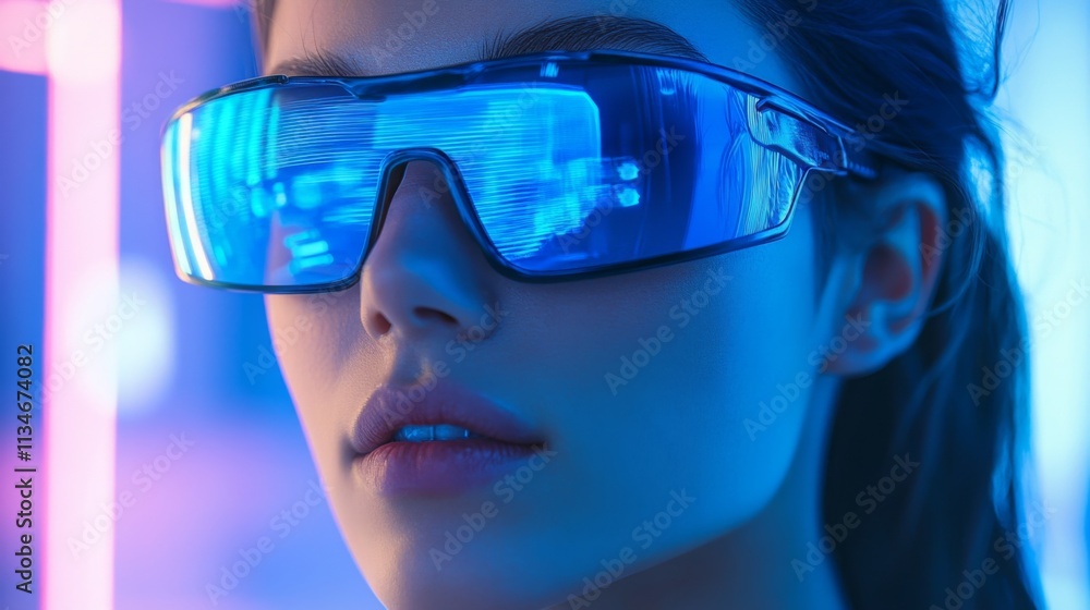Fashionable woman in futuristic glasses with a neon blue glow Fashionable woman in futuristic glasses with a neon blue glow
