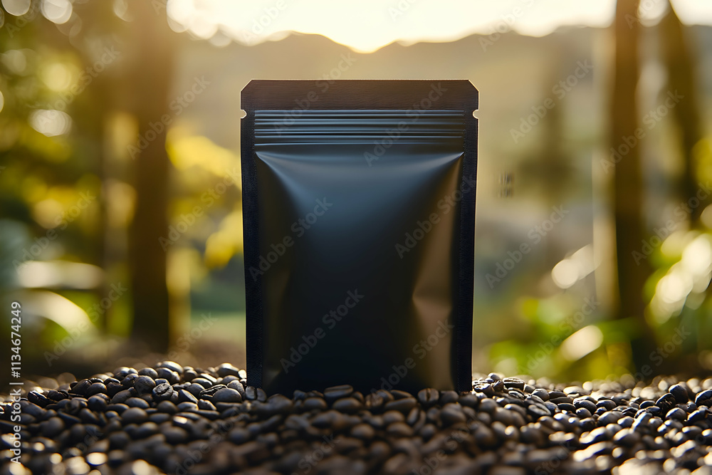 Black coffee bag on roasted beans, sunrise. Black coffee bag on roasted beans, sunrise.
