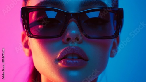 Close-up portrait of a woman in vibrant blue neon lighting wearing angular sunglasses