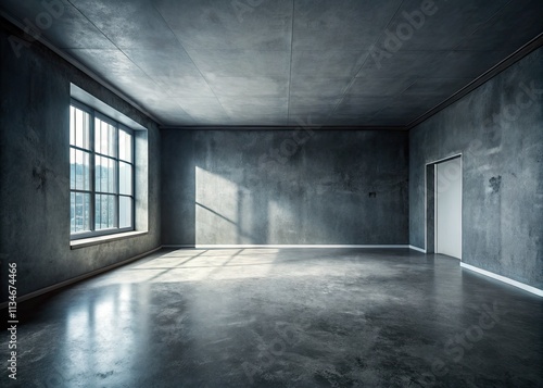 Minimalist grey room: panoramic view of stark, empty interior, grey walls and floor.