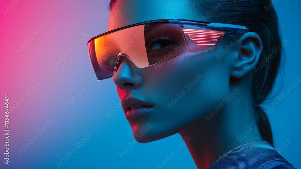 Close-up of a woman in vibrant neon lighting wearing reflective orange sunglasses Close-up of a woman in vibrant neon lighting wearing reflective orange sunglasses