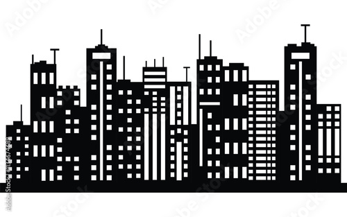Silhouette of City Skyline with Skyscrapers and High-Rise Buildings in Black and White