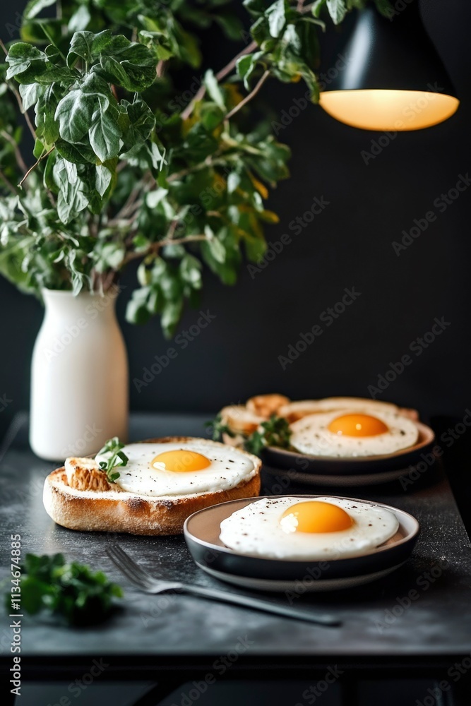 Delicious Fried Eggs on Toasted Bread with Herbs Delicious Fried Eggs on Toasted Bread with Herbs