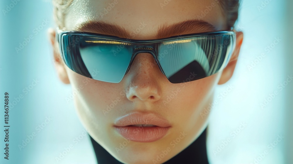 Portrait of a stylish woman wearing reflective sunglasses indoors Portrait of a stylish woman wearing reflective sunglasses indoors