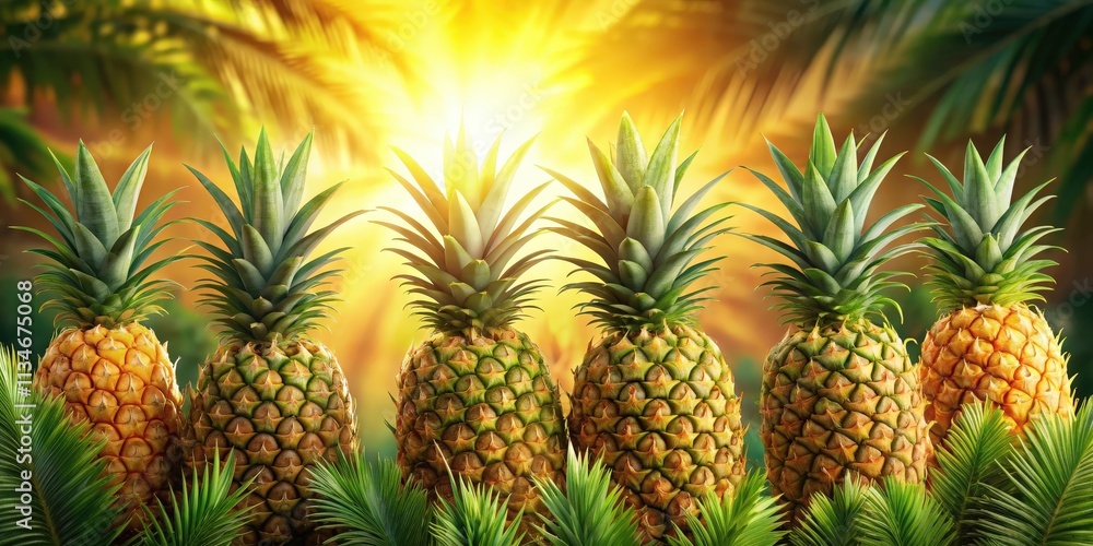 Tropical Sunset with a Row of Ripe Pineapples Bathed in Warm Light Tropical Sunset with a Row of Ripe Pineapples Bathed in Warm Light