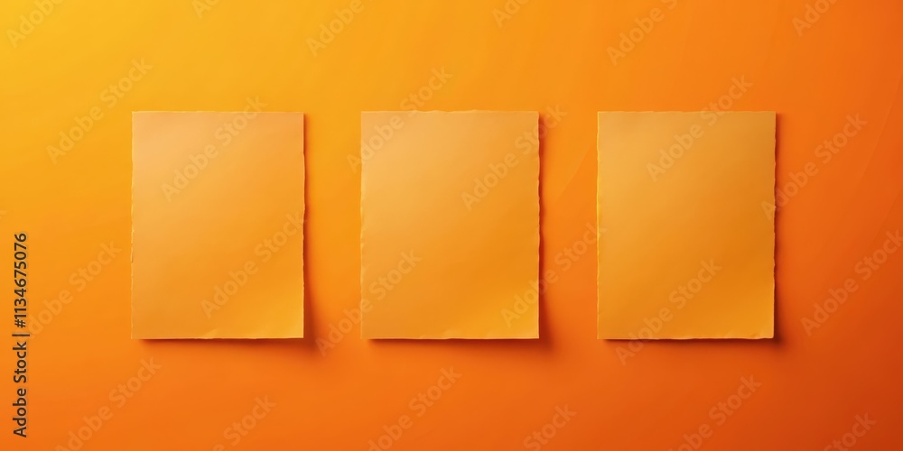 Three Blank Yellow Papers on a Vibrant Orange Background, Perfect for Minimalist Design or Product Mockups Three Blank Yellow Papers on a Vibrant Orange Background, Perfect for Minimalist Design or Product Mockups