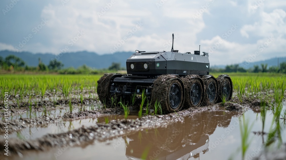 Farming truck in a flooded rice field with a mountainous backdrop Farming truck in a flooded rice field with a mountainous backdrop
