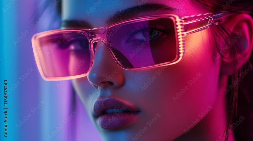 Close-up portrait of a woman in pink futuristic glowing sunglasses Close-up portrait of a woman in pink futuristic glowing sunglasses