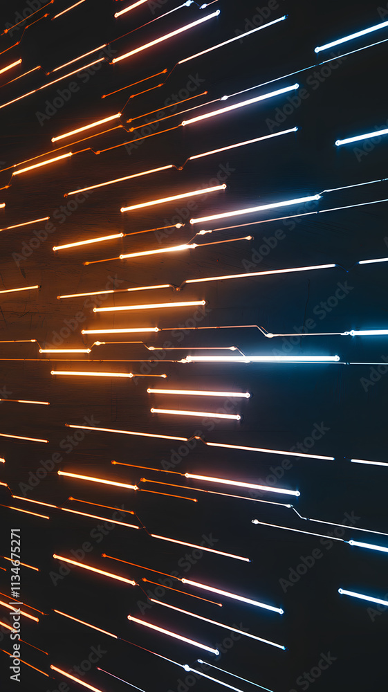 Horizontal gradient of orange and blue lights with glowing lines on a dark background, creating an abstract and futuristic design. Horizontal gradient of orange and blue lights with glowing lines on a dark background, creating an abstract and futuristic design.