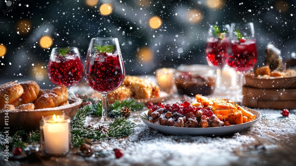 A festive table setting featuring drinks, delicious food, and a snowy ambiance, evoking a warm holiday spirit. A festive table setting featuring drinks, delicious food, and a snowy ambiance, evoking a warm holiday spirit.