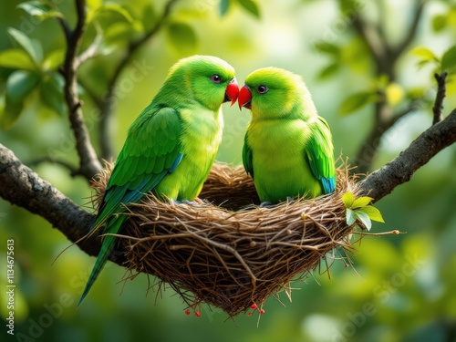 Pair of Green Parrots Sitting on a Branch with Heart-Shaped Nest - Romantic Nature Illustration photo