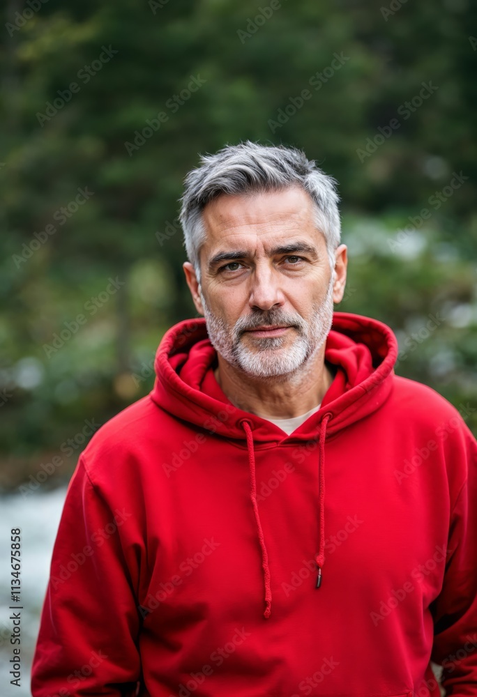 Portrait of a Mature Man in a Red Hoodie Natural Forest Setting Outdoor Lifestyle Photography Calm Environment Close-Up Viewpoint Authenticity Concept Portrait of a Mature Man in a Red Hoodie Natural Forest Setting Outdoor Lifestyle Photography Calm Environment Close-Up Viewpoint Authenticity Concept