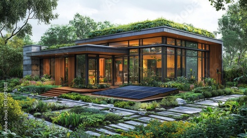 Detailed illustration of eco friendly home featuring solar panels green roof and rainwater harvesting systems. Surrounded lush gardens design promotes sustainable living.