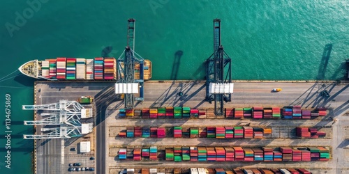 Aerial View of Cargo Containers and Crane at Shipping Dock