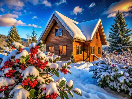 Architectural Photography of a Modern Winter Cabin Surrounded by Holly Berry Bushes in a Snowy Landscape with Warm Lighting and Inviting Atmosphere for Holiday Inspiration photo