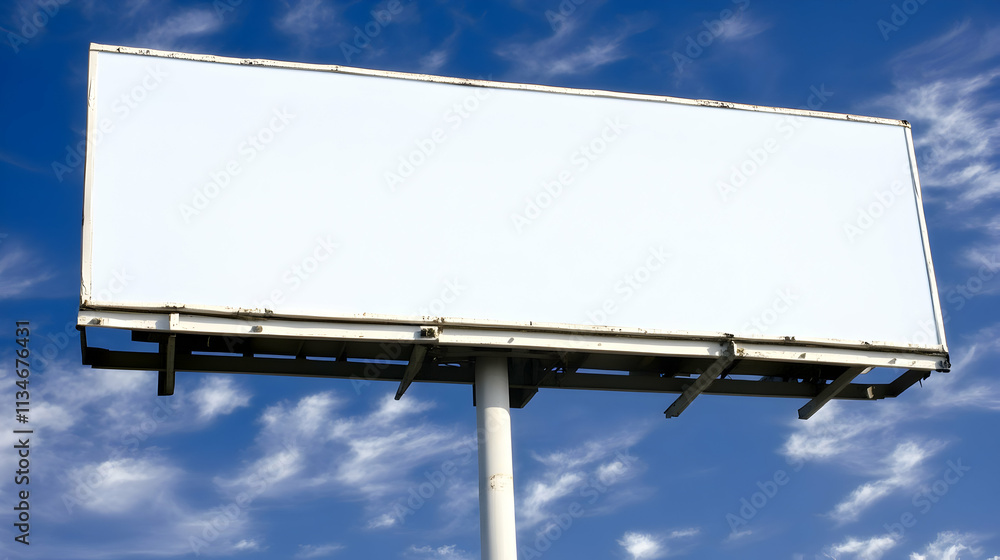 Obraz premium Blank billboard against a vibrant blue sky with fluffy white clouds.