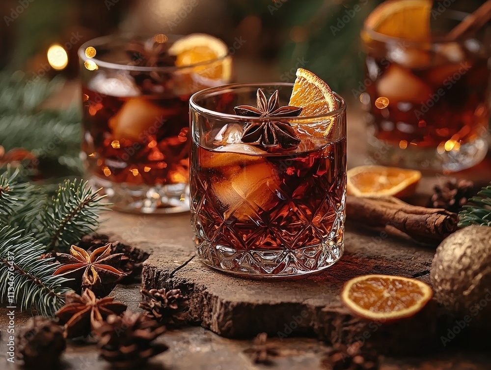 A cozy arrangement of whiskey cocktails garnished with orange slices and star anise, surrounded by festive pine and spices. A cozy arrangement of whiskey cocktails garnished with orange slices and star anise, surrounded by festive pine and spices.