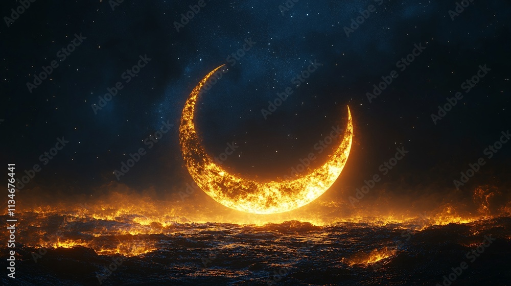 Fiery Crescent Moon over Lava Landscape Fiery Crescent Moon over Lava Landscape