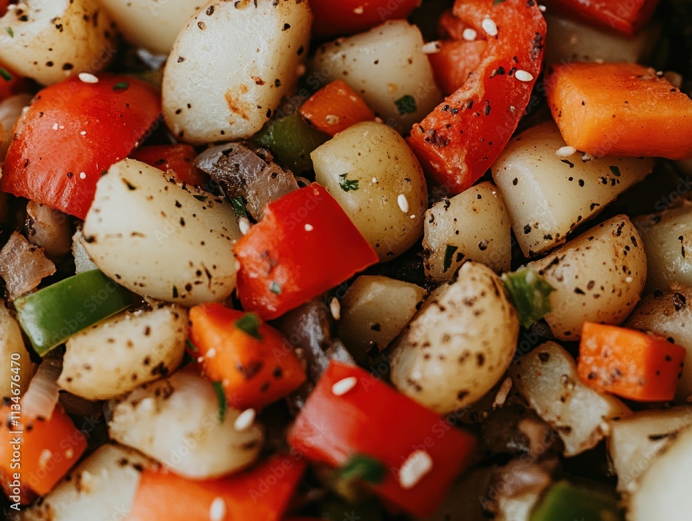 Close-up of seasoned roasted potatoes, bell peppers, and carrots. Close-up of seasoned roasted potatoes, bell peppers, and carrots.