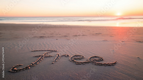 Uplifting New Year message inscribed into sand. Vibrant sunset hues reflecting on tranquil waves. Inspiring words written on sandy shore. Serene seaside at sunset with peaceful coastal background.