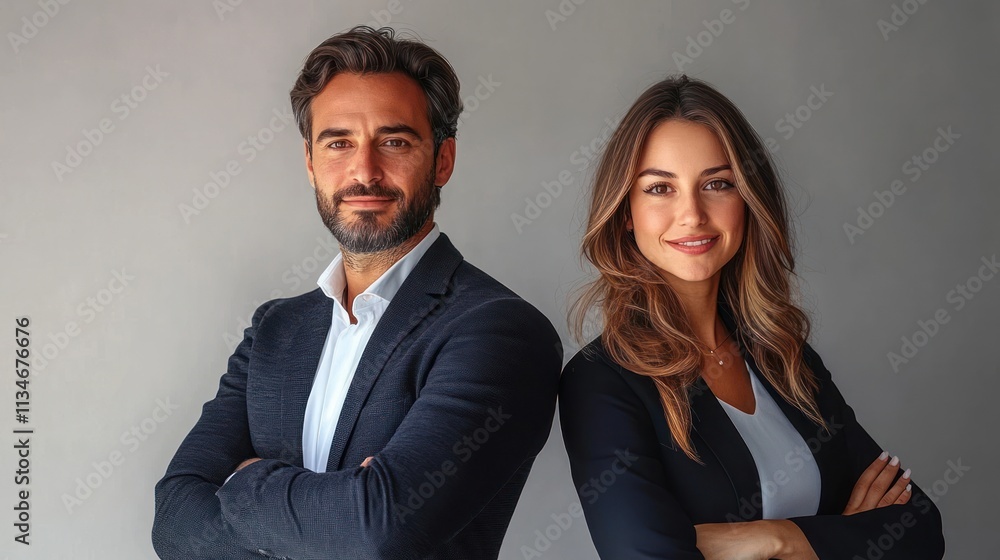 Business Portrait of Man and Woman Standing Back to Back in Minimalistic Style with Crossed Arms Business Portrait of Man and Woman Standing Back to Back in Minimalistic Style with Crossed Arms