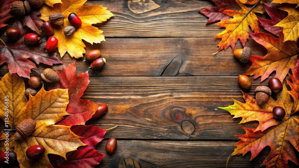 Obraz premium Autumn leaves and acorns arranged on a rustic wooden background with copy space