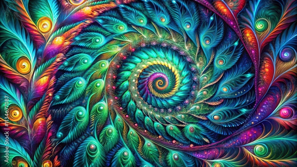 A vibrant, intricate spiral pattern reminiscent of peacock feathers, showcasing a kaleidoscope of iridescent colors. A vibrant, intricate spiral pattern reminiscent of peacock feathers, showcasing a kaleidoscope of iridescent colors.