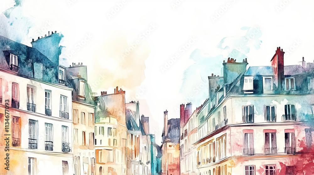 Fototapeta premium Watercolor paintings of Parisian buildings with beautiful pastel colors