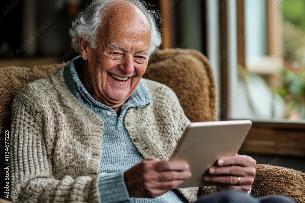 Elderly Man Smiles While Using A Tablet Elderly Man Smiles While Using A Tablet