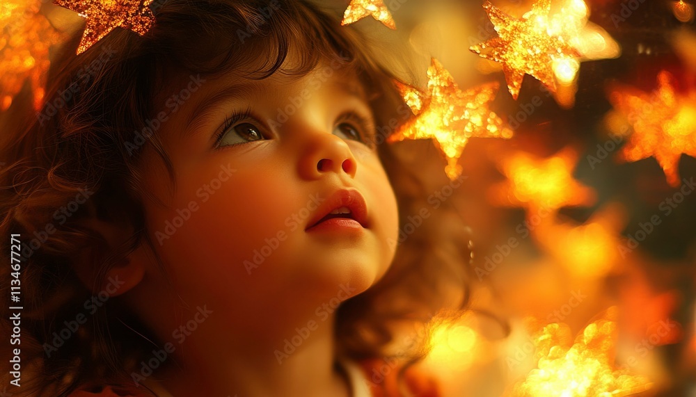 Fototapeta premium Child Wondering at Golden Star Lights