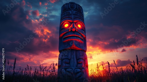 Tall Clovis totemlike structure adorned animal motifs and intricate carvings standing proudly under a twilight sky exuding a mystical presence photo