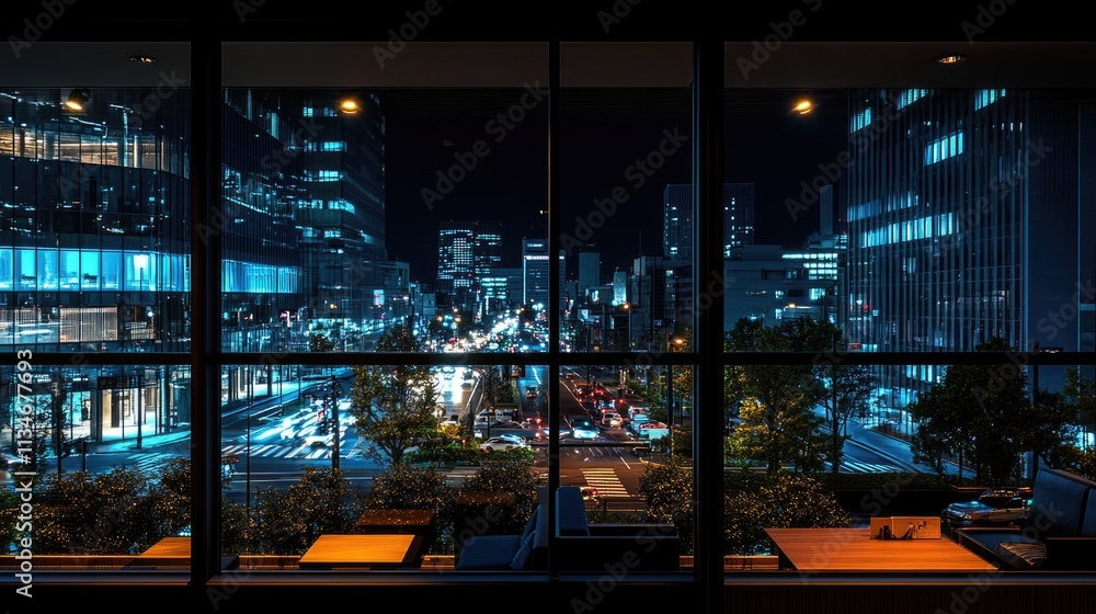 night cityscape from an office window, featuring tall buildings, vibrant city lights, sky, street with cars and traffic signals night cityscape from an office window, featuring tall buildings, vibrant city lights, sky, street with cars and traffic signals