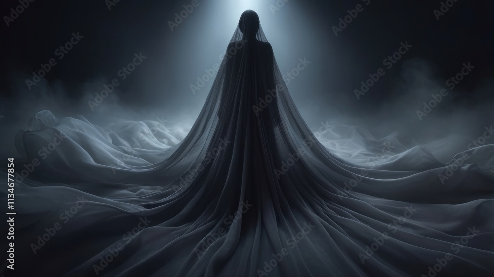 Mysterious Dark Cloaked Figure Standing in Fog Mysterious Dark Cloaked Figure Standing in Fog