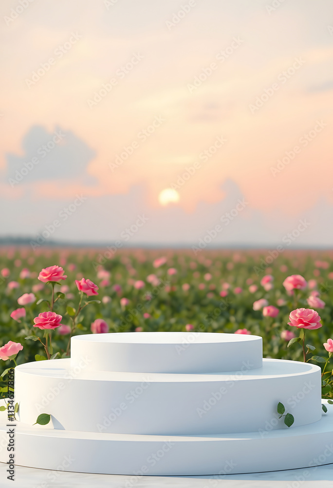 Natural beauty podium backdrop with spring rose flower field scene. 3d rendering, cinematic, with white tones Natural beauty podium backdrop with spring rose flower field scene. 3d rendering, cinematic, with white tones