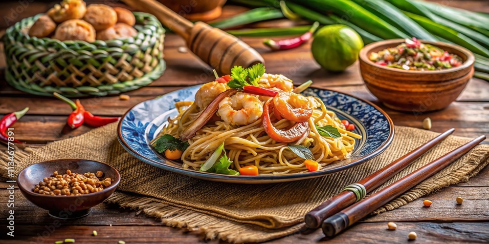 Fototapeta premium Architectural Photography of Pad Thai: Capturing the Essence of Thailand's Culinary Heritage with Vibrant Ingredients and Traditional Presentation in a Beautiful Setting