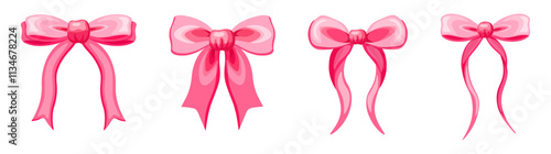 Set of cute, flirty silk bows in cartoon style. Vector illustration of ribbon rosette bows of different shapes and sizes isolated on white background. Decorations. Girlish. Couquetts bows.