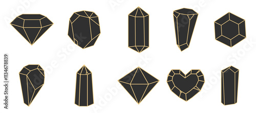 Crystal gemstone polygon stone, contour gem, polyhedron minimal. Elegant outline geometric quartz, jewel. Mineral linear icon.